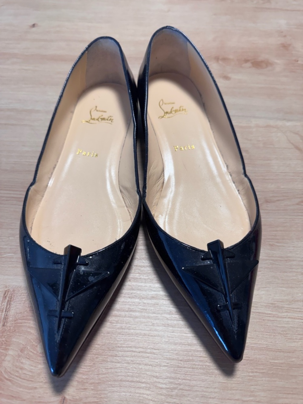 Christian Louboutin Black Patent Pointed Toe Flats with Bow Detail